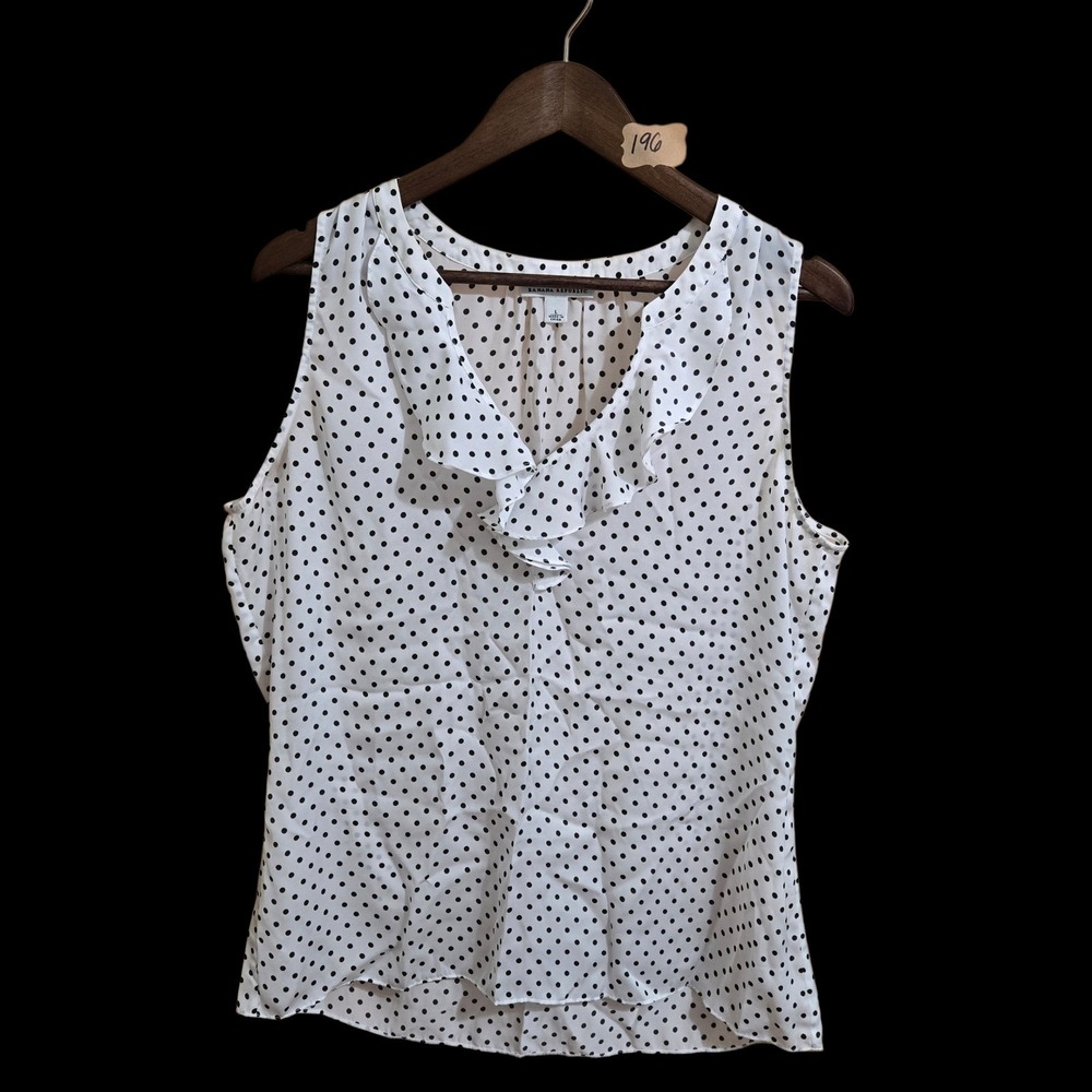 Banana Republic Womens White Black Polka Dot Ruffle V-Neck Sleeveless Blouse L
